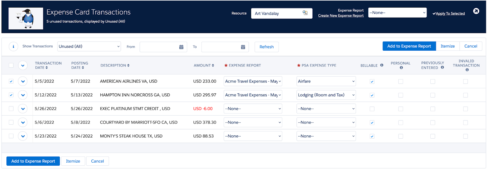 One easy view to assign Credit Card Transactions to an expense type, itemize, attach receipts and more