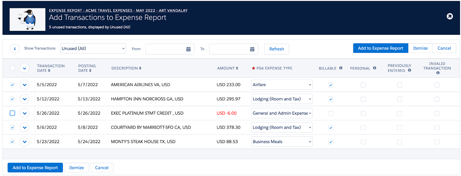 After selecting one or more transactions, users can add transactions to Expense Reports