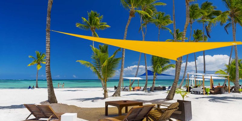 beach with palm tress in the tropics with wooden beach chairs under a shade sail