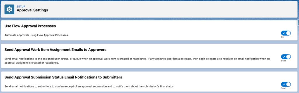 View of the Salesforce Approval Processes Settings.